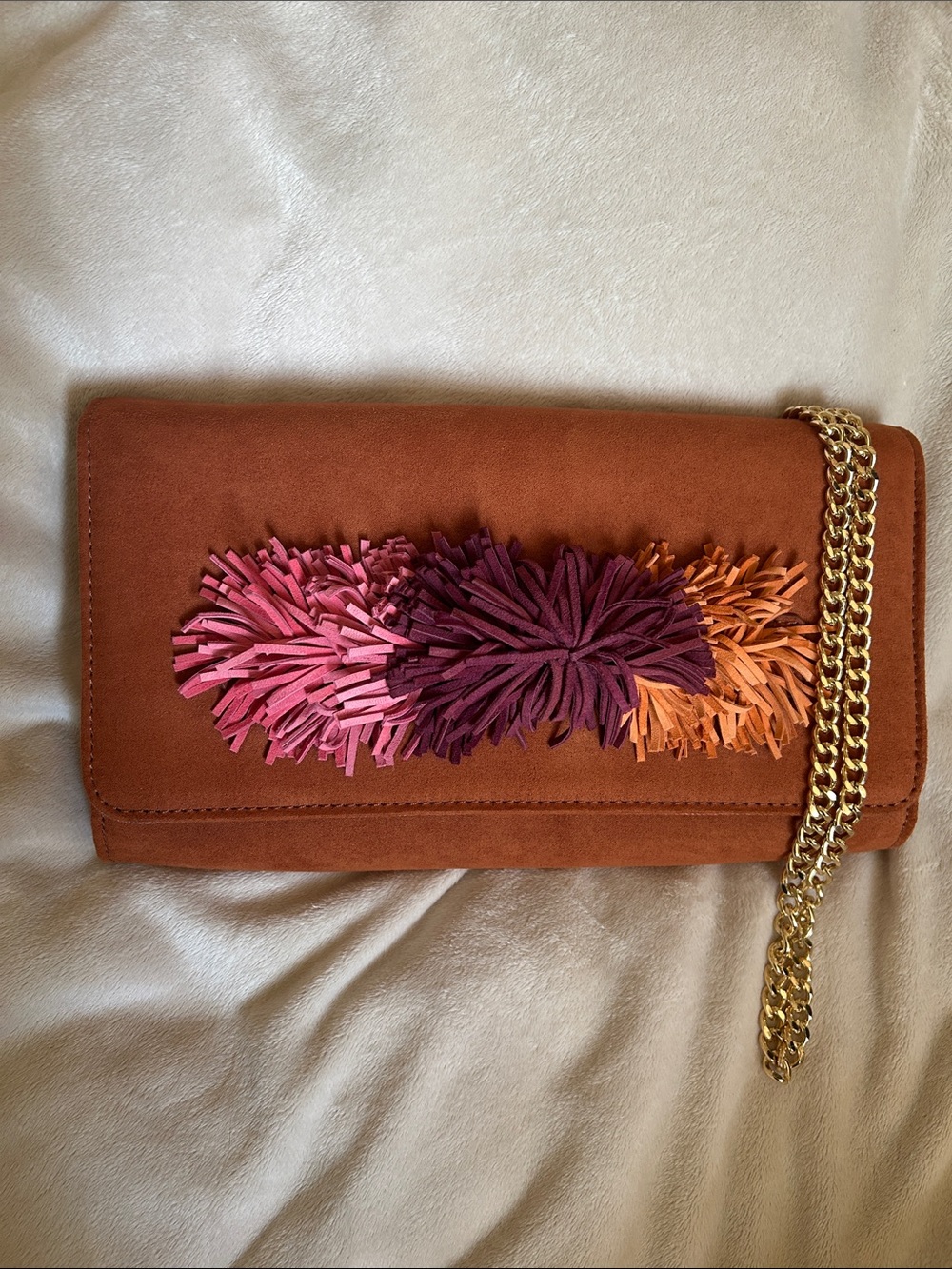 Steve Madden rust suede crossbody bag with multi-colored fringe pom-poms NWOT